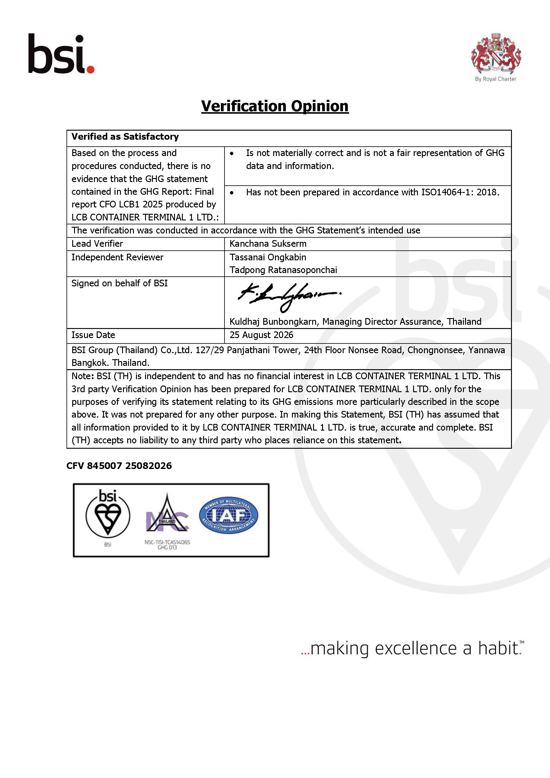 ISO 14064-1:2018 Verification Opinion for LCB Container Terminal 1