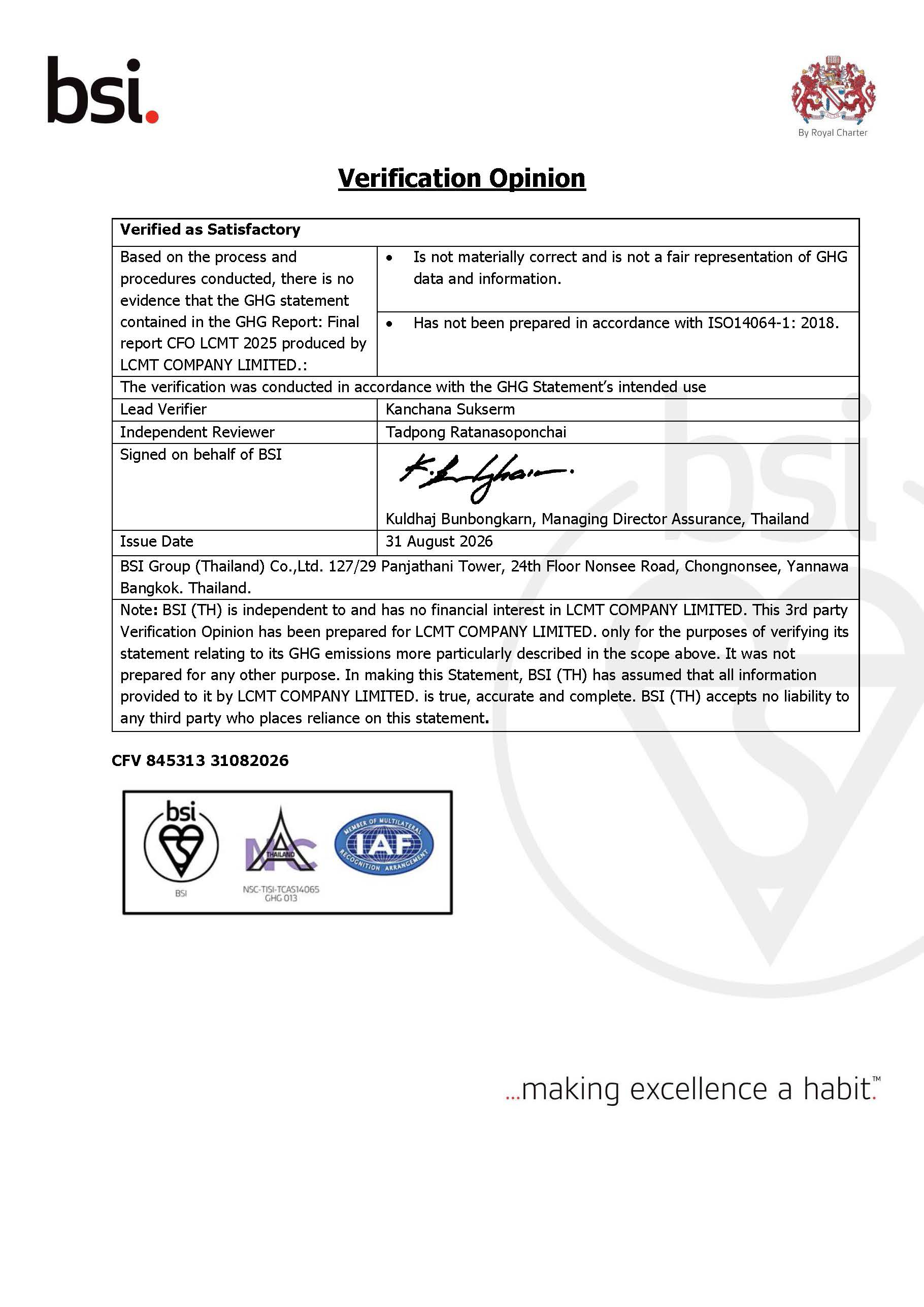 ISO 14064-1:2018 Verification Opinion for LCMT